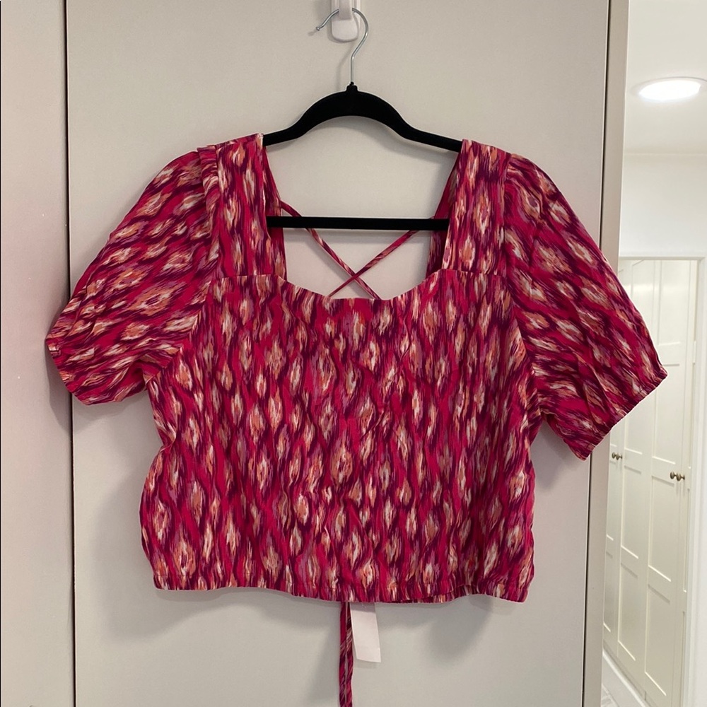 LOFT Pink Puff Sleeve Crop Blouse with sexy cross back